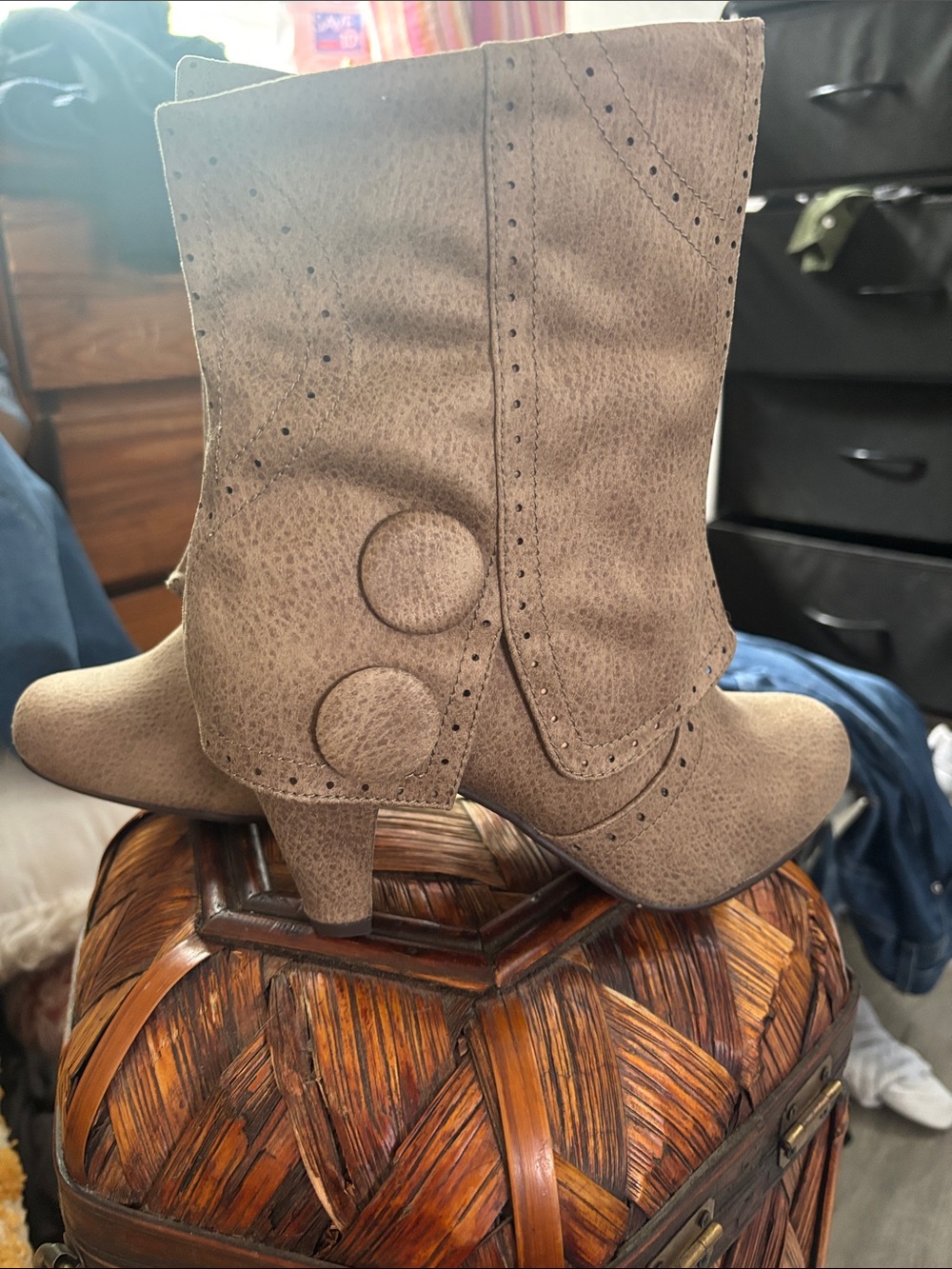 Brand New!! Not Rated, Taupe Mid-Calf Heeled Boots with Button Detail